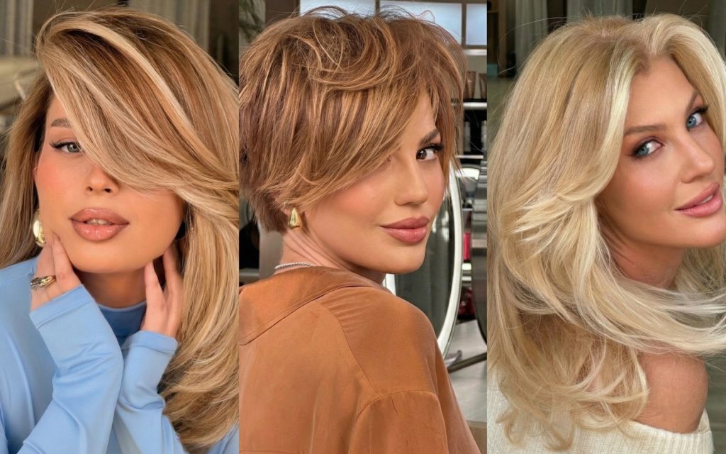 Kolaž tri moderne ženske frizure: duga stepenasta kosa sa volumenom, kratki piksi bob i kosa sa dugim šiškama prilagođena različitim oblicima lica.