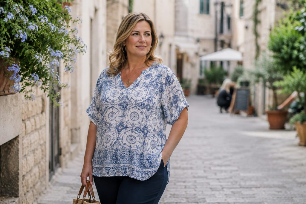 Plus size žena u lepršavoj ljetnoj majici koja lijepo pada preko stomaka.