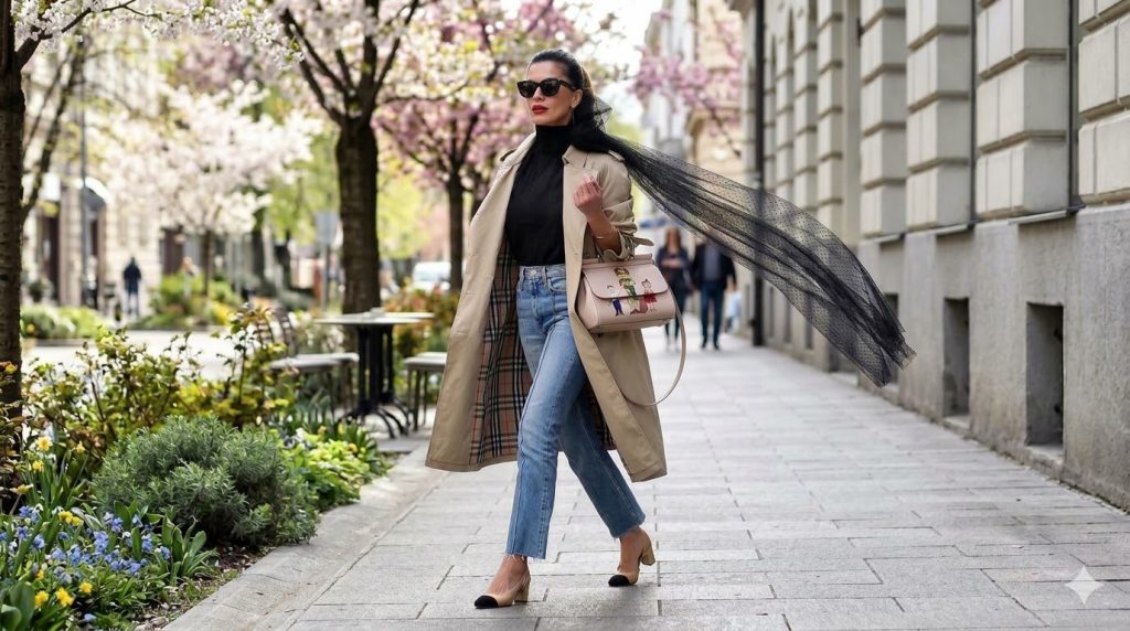 Moderna žena u bež baloneru i farmericama šeta ulicom, inspiracija za proljetni stajling Mini Magazin.