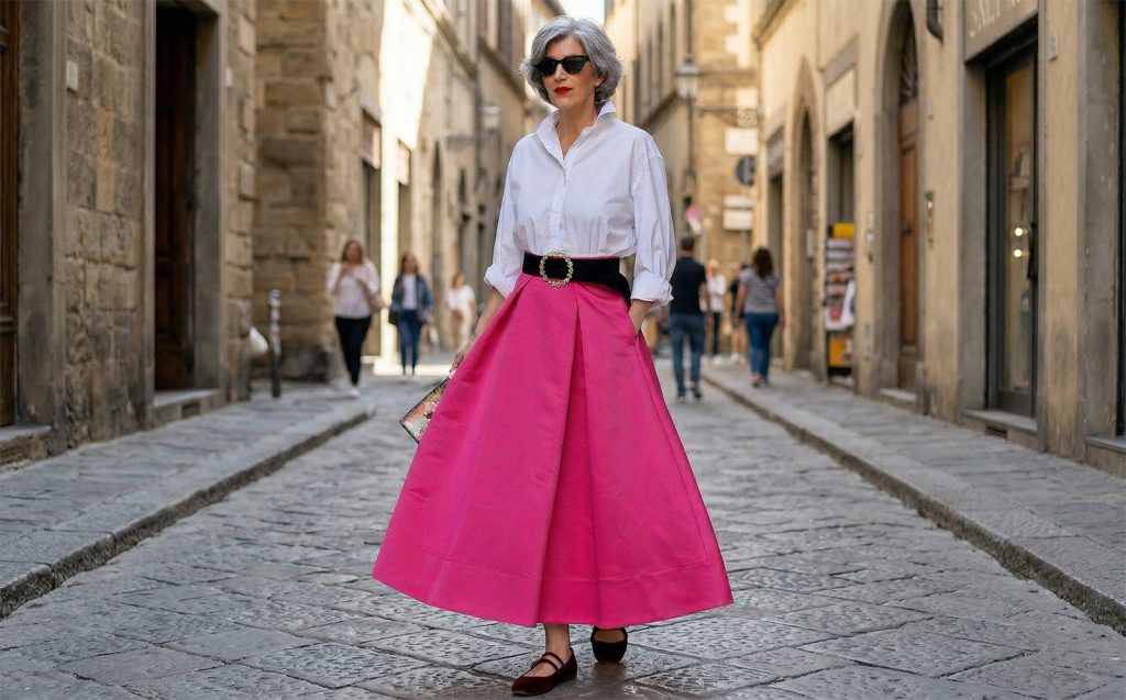 Elegantna žena u bijeloj košulji i dugoj ružičastoj suknji šeta ulicom noseći najpopularnije bordo cipele sa kaišićem za ovo proljeće.