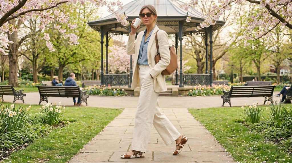 Žena u pokretu šeta stazom u svijetlom parku, noseći upečatljive baletanke sa šarom kravlje kože. Odjevena je u lagano laneno odijelo prljavobijele boje i svijetlo plavu košulju, sa šoljicom kafe u ruci i kožnom torbom preko ramena.