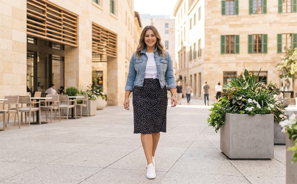 Samouvjerena, nasmijana žena sa smeđom kosom šeta popločanim gradskim trgom. Nosi ležernu kombinaciju teksas jakne, bijele majice i midi crne suknje na bijele tufne. Na nogama ima čiste bijele patike.