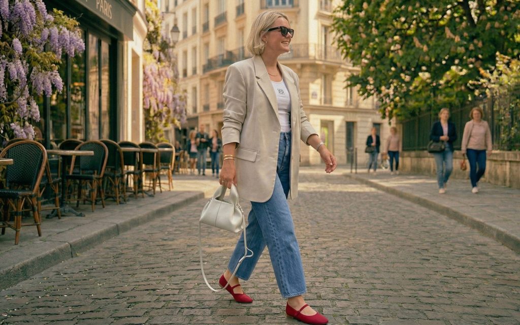 Moderna žena u četrdesetima šeta pariskom ulicom u bež blejzeru, džinsu i jarko crvenim Meri Džejn cipelama.