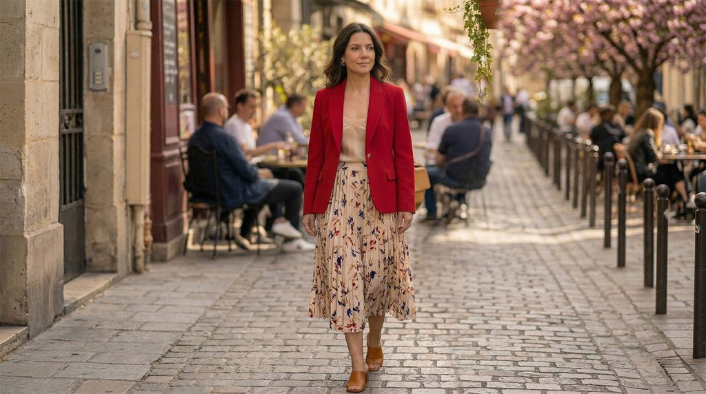 Elegantna žena u crvenom blejzeru i lepršavoj plisiranoj suknji šeta sunčanom ulicom sa rascvjetalim drvećem u pozadini.