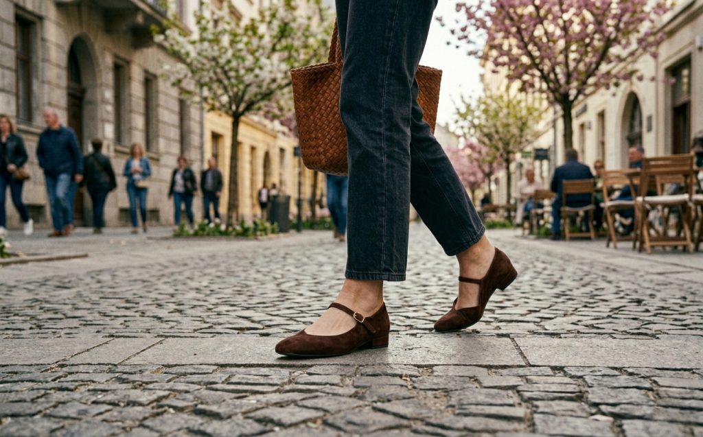Zenske smedje antilop cipele sa poprecnim kaisem i kopcom na gradskoj ulici tokom proljeca.