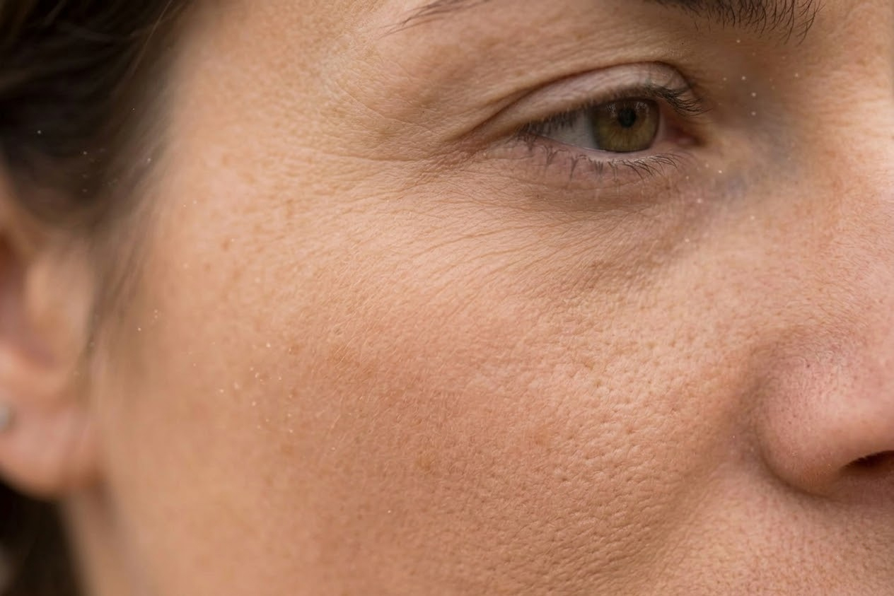 Krupna fotografija dehidrirane kože na slepoočnici i oko oka, na kojoj se vidi suva tekstura i fine linije preuranjenog starenja, bez agresivnih grafika.