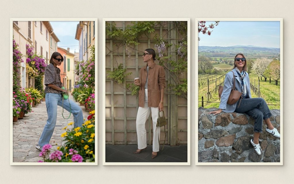 Najbolje farmerke za proljeće 2026: 5 modela koji vladaju scenom Kolaž od tri fotografije (triptih) koji prikazuje moderne ženske farmerke za proljeće: svijetloplavi džins sa leopard bluzom, bijele farmerke ravnog kroja uz smeđu košulju i tamnosivi model uz svijetloplavi blejzer i cvjetnu maramu u proljetnom eksterijeru.