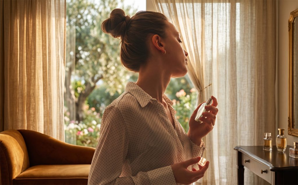 Elegantna žena s kosom u punđi i u bijeloj košulji s tačkicama nanosi parfem na vrat. Stoji u osunčanoj sobi pored prozora s pogledom na rascvjetani vrt, dok je unutrašnjost ispunjena toplim zlatnim svjetlom, baršunastom sofom i toaletnim stolićem.