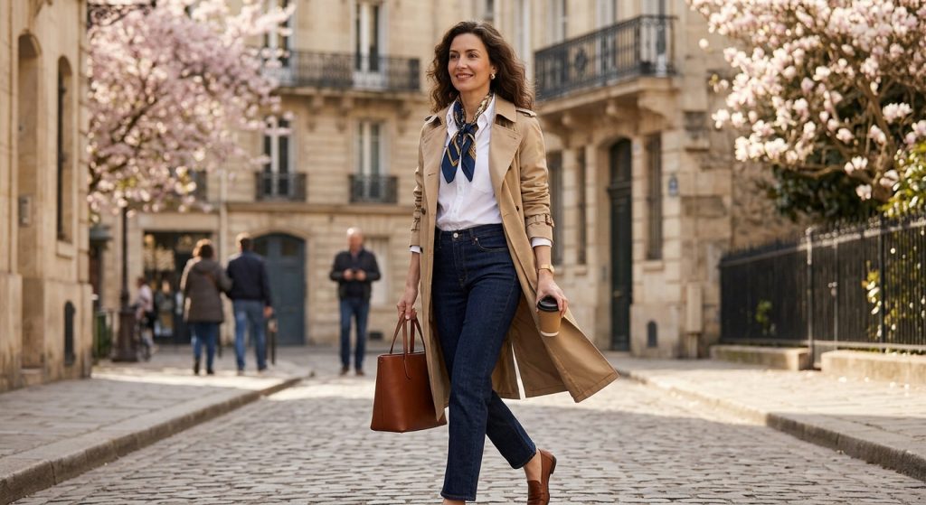 Elegatna žena u bež baloneru i farmerkama šeta gradom u proljeće – inspiracija za stil.