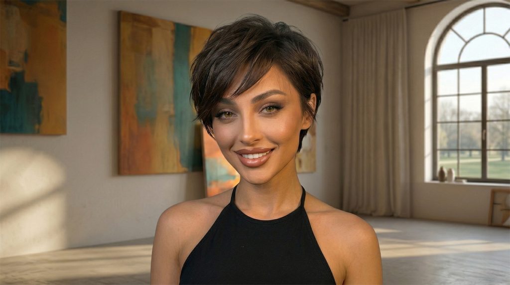 Atraktivna brineta sa modernom, slojevitom piksi frizurom u svijetlom umjetničkom ateljeu – idealna kratka frizura za proljeće.