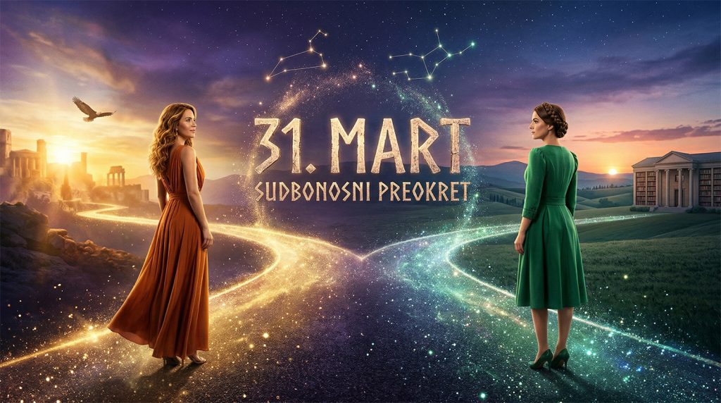 Za ova dva znaka 31. mart mijenja sudbinu iz korijena Ilustracija koja prikazuje dvije žene na raskrsnici sudbine. Svaka žena predstavlja po jedan horoskopski znak (Lav i Djevica) i suočava se sa izborom dva različita puta koji vode u budućnost. Centralni motiv je datum "31. mart" koji označava preokret i sudbonosnu promjenu.