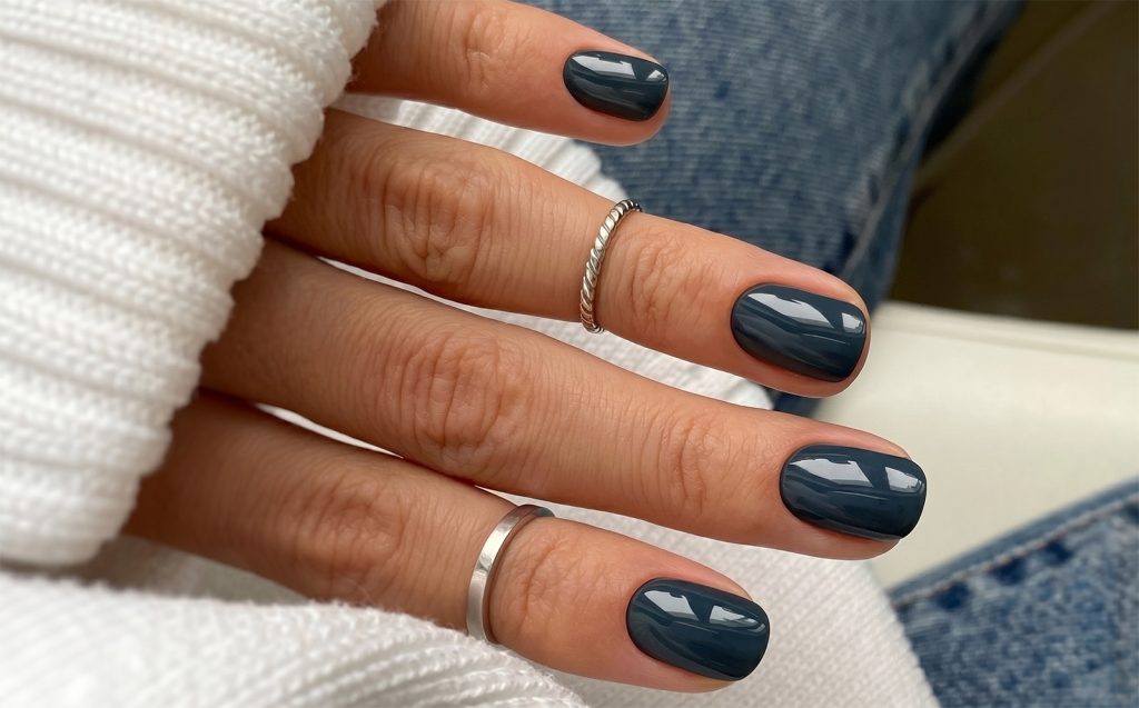 Uredan tamno sivi manikir na kratkim noktima, uz bijeli pleteni džemper i srebrno prstenje.