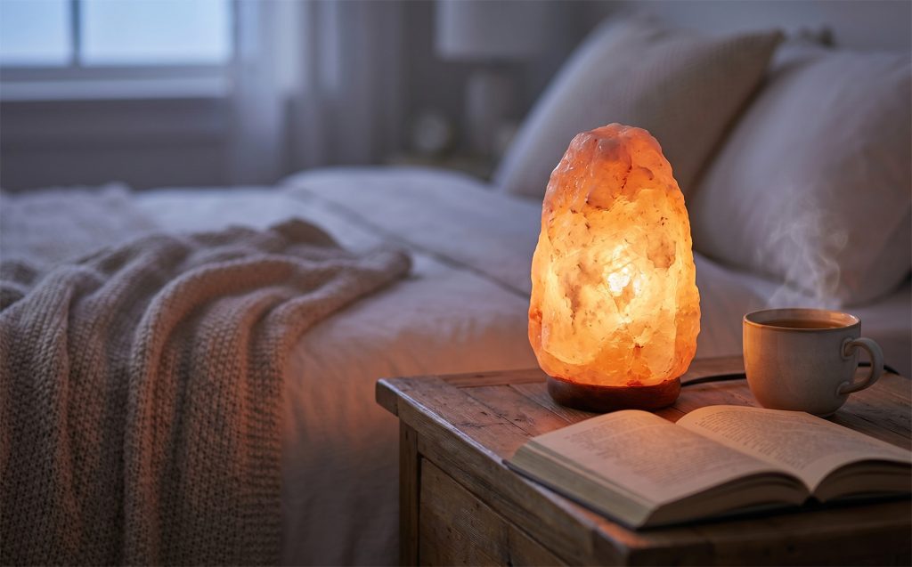Upaljena lampa od himalajske soli na drvenom noćnom ormariću u spavaćoj sobi, pored otvorene knjige i šolje toplog čaja.