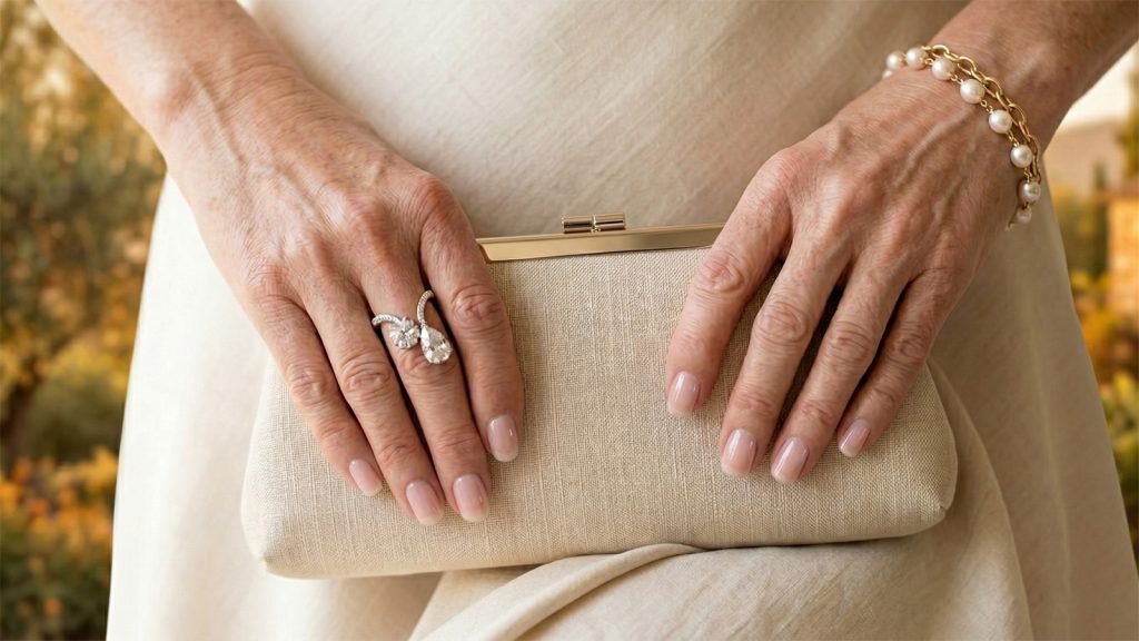 Najbolji proljetni lakovi za žene preko 50 Njegovane ruke žene u zrelim godinama sa prozirnim ružičastim lakom na noktima. Ruke sa elegantnim prstenom i bisernom narukvicom drže svijetlu pismo torbicu, uz toplu proljetnu pozadinu.