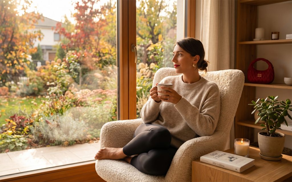 Mlada žena u vunenoj vesti opušta se nedjeljom popodne, pijući čaj i gledajući kroz prozor na jesenji vrt. U prvom planu je knjiga 'Mir i tišina' i upaljena svijeća.
