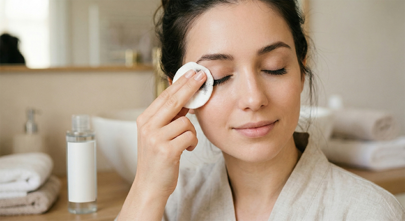 Mlada žena nježno uklanja maskaru pamučnom blaznicom sa zatvorenih očiju u kupatilu.