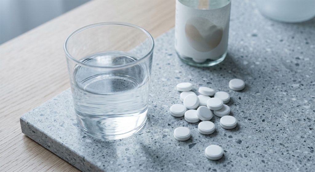 Čaša čiste vode i rasute bijele tablete magnezijuma na sivoj kamenoj podlozi.