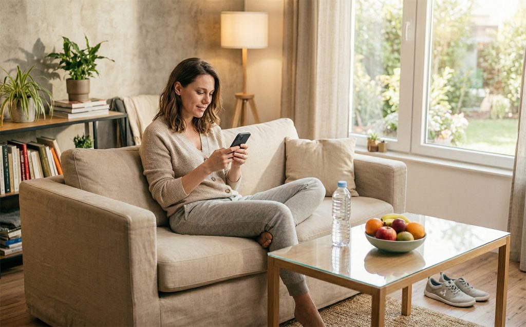 Nasmijana žena se odmara u dnevnom boravku prelistavajući sadržaj na telefonu, što je jedna od čestih svakodnevnih navika.