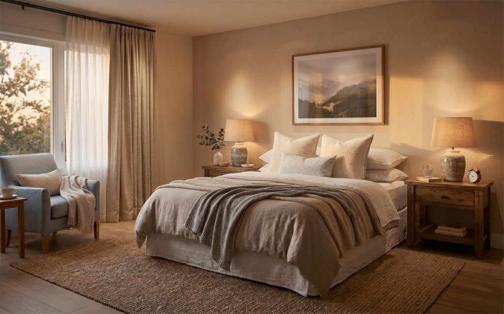 Prostrana i uredna spavaća soba uređena u nježnim zemljanim tonovima, sa udobnim namještenim krevetom, drvenim noćnim ormarićima i mekim, toplim osvjetljenjem stonih lampi koje stvara opuštajuću atmosferu za miran san.