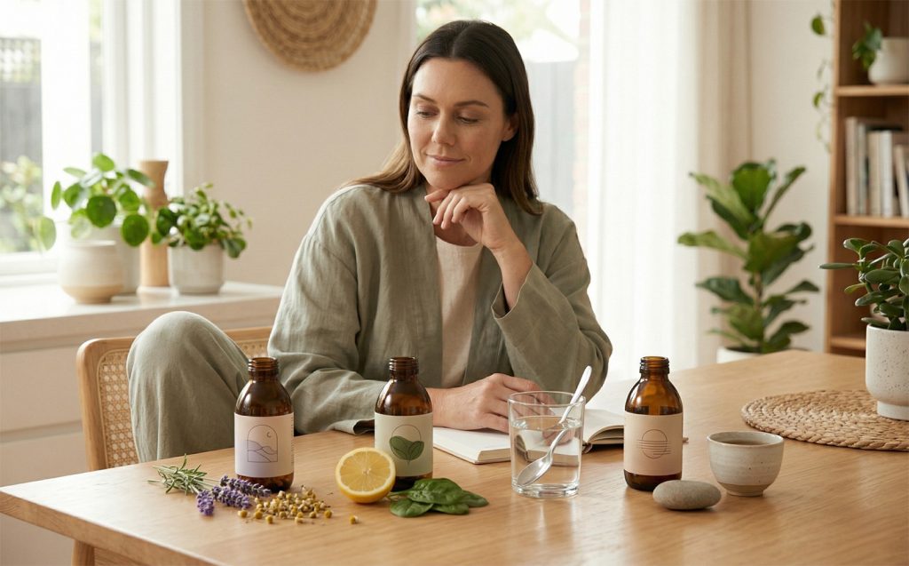 Elegantna žena sjedi za drvenim stolom okupanim prirodnom svjetlošću, razmišljajući o izboru različitih vrsta magnezijuma. Ispred nje se nalaze tamne staklene bočice okružene prirodnim simbolima zdravlja poput lavande, limuna i čiste vode, što simbolizuje različita blagotvorna dejstva ovog minerala na organizam.