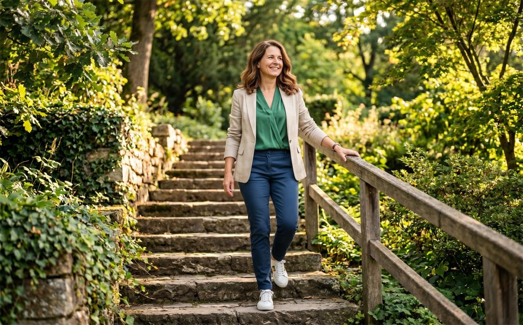 Žena u zrelim godinama, u udobnim bijelim patikama, penje se uz kamene stepenice u parku dok je obasjava topla sunčeva svjetlost.