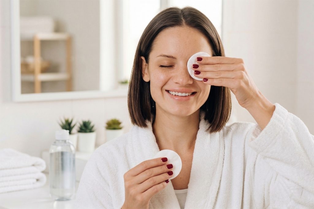 Zbog ove greške pri skidanju maskare vaše trepavice postaju rijetke i krte Nasmijana mlada žena u bijelom bade mantilu, ošišana na paž, nježno skida šminku sa oka pamučnim tuferom u svom svijetlom kupatilu.