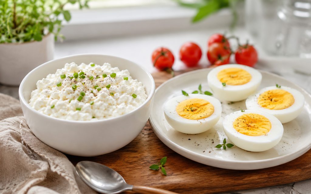 Jaja i zrnasti sir na stolu kao poređenje namirnica bogatih proteinima