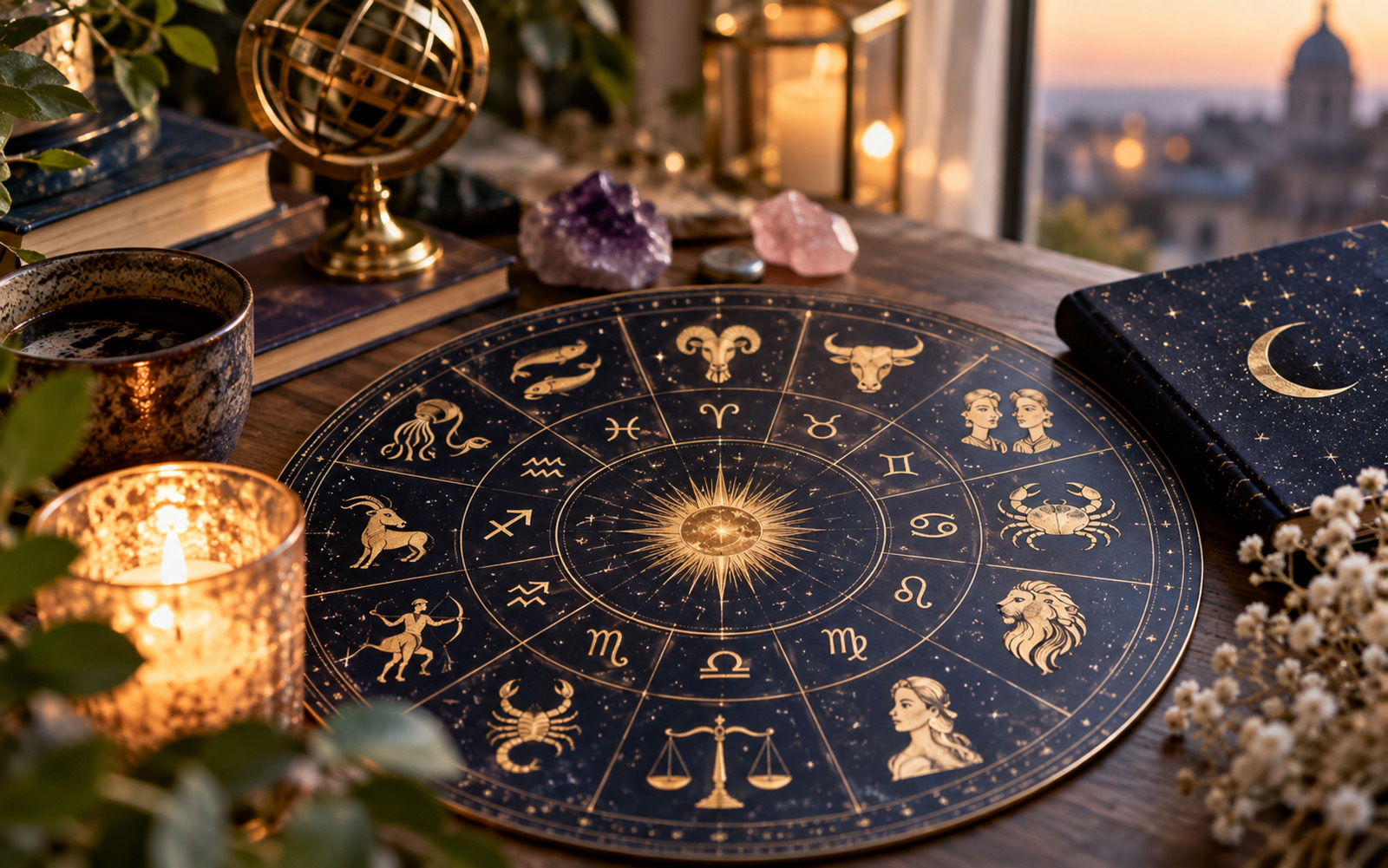 Astrološka karta sa simbolima horoskopskih znakova na stolu uz svijeće, knjige i kristale.
