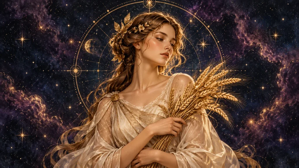 Djevica: Sedmični horoskop za period od 18.02.2019. do 24.02.2019. Horoskopski znak Djevica na zvjezdanoj pozadini sa zlatnim detaljima.