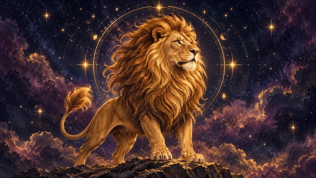 Lav: Sedmični horoskop za period od 18.05.2026. do 24.05.2026. Horoskopski znak Lav na zvjezdanoj pozadini sa zlatnim detaljima.