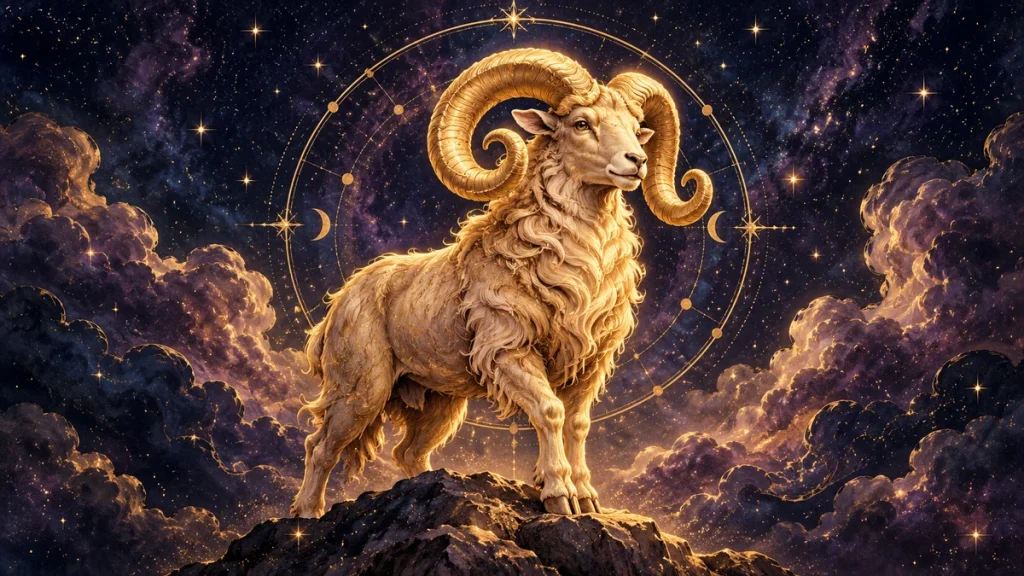 Ovan: Sedmični horoskop za period od 18.05.2026. do 24.05.2026. Horoskopski znak Ovan na zvjezdanoj pozadini sa zlatnim detaljima.