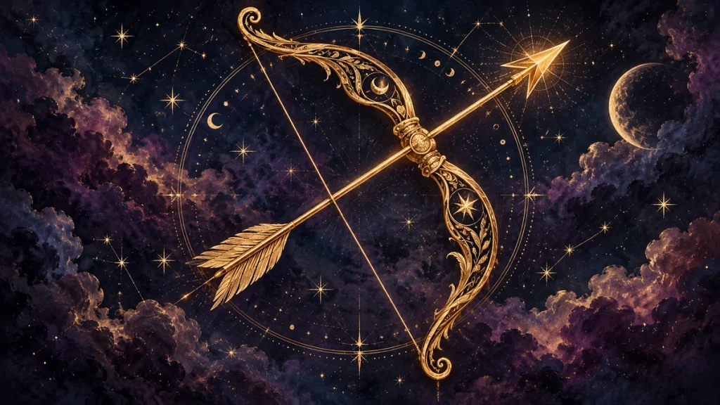 Strijelac: Sedmični horoskop za period od 18.05.2026. do 24.05.2026. Horoskopski znak Strijelac na zvjezdanoj pozadini sa zlatnim detaljima.