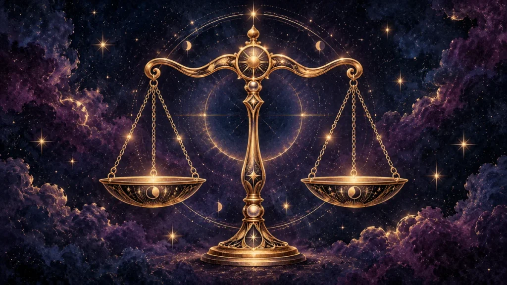 Vaga: Sedmični horoskop za period od 18.05.2026. do 24.05.2026. Horoskopski znak Vaga na zvjezdanoj pozadini sa zlatnim detaljima.