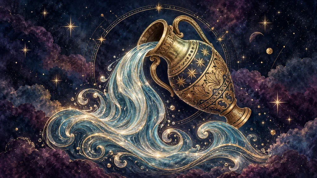 Vodolija: Sedmični horoskop za period od 18.05.2026. do 24.05.2026. Horoskopski znak Vodolija na zvjezdanoj pozadini sa zlatnim detaljima.